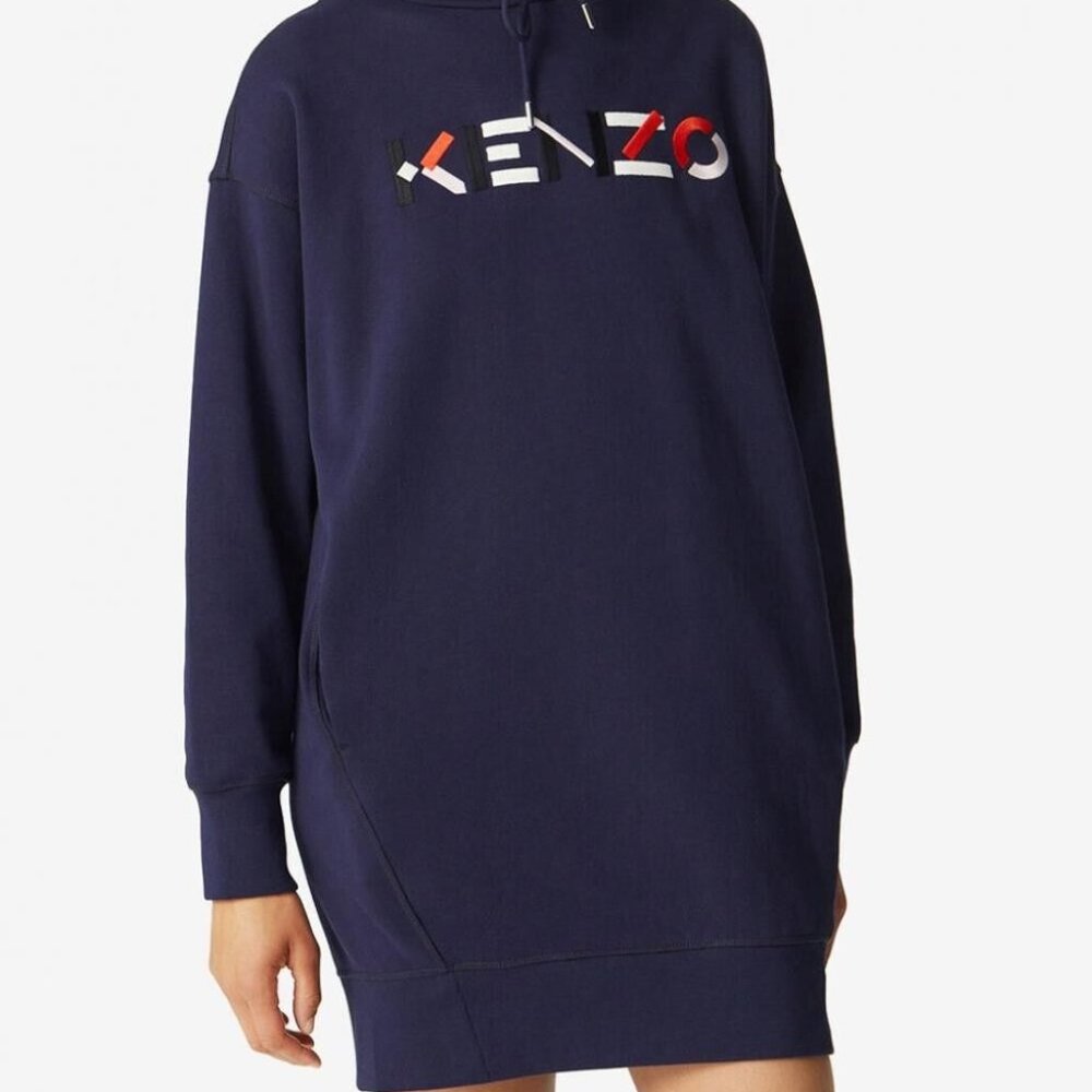 NWT KENZO Navy Embroidered Logo Hoodie Sweatshirt Dress Size S Organic Cotton